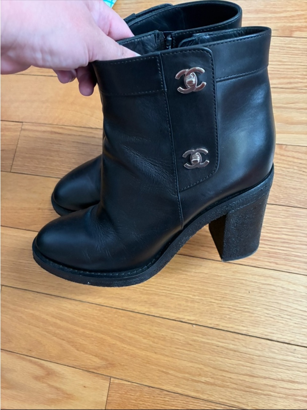 CHANEL Black Leather Ankle Booties with Silver CC Logos